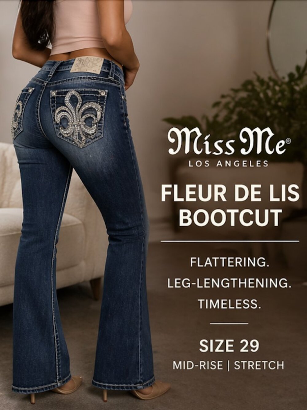 Miss Me Bootcut Jeans Size 29 Fleur De Lis Mid Rise Medium Wash Stretch Denim